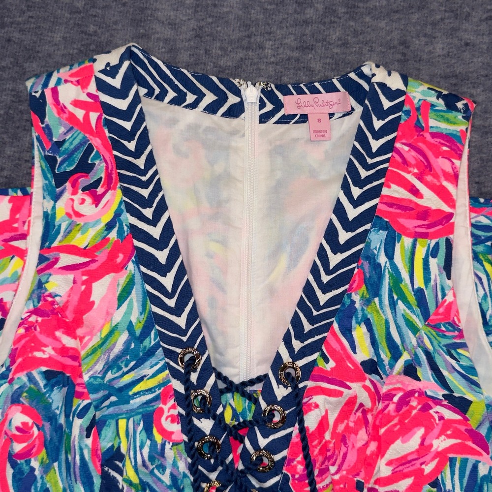 Lilly Pulitzer Pink Flamingo Tassel Lace Up Shift Dress Size 8 Navy Chevron Trim - Picture 2 of 8
